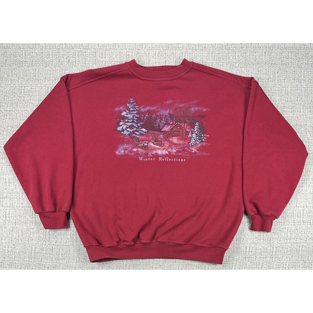 Vintage Northern Reflections Sweatshirt Adult Large Red Winter Cabin Graphic 90